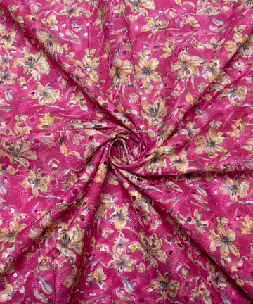 Pink Color Floral Digital Printed Cotton ChikanKari Embroidery Fabric